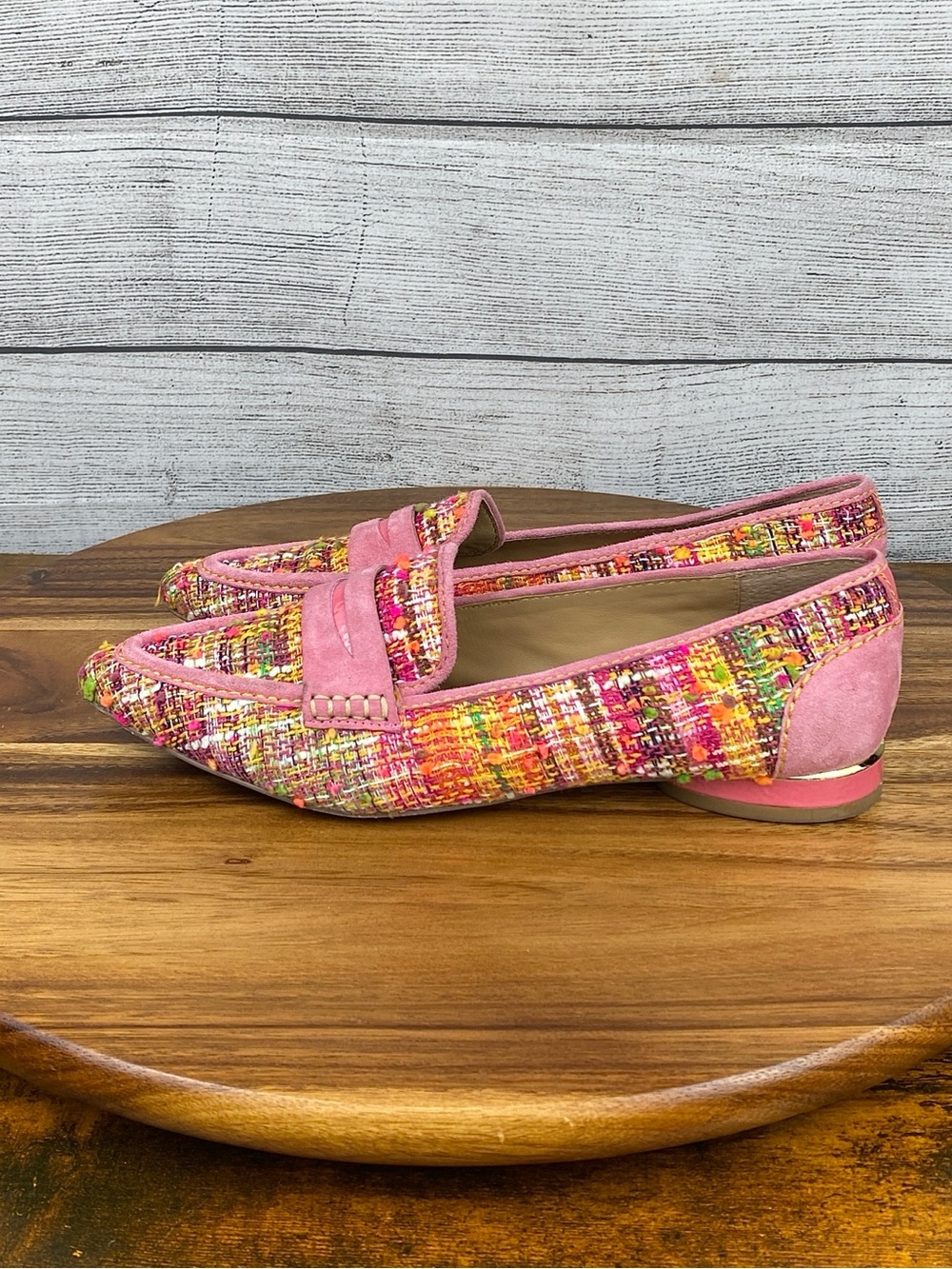 Donald Pliner Renee Boucle Tweed Pink Pointed Toe Penny Loafer Flats Womenβs 8 M